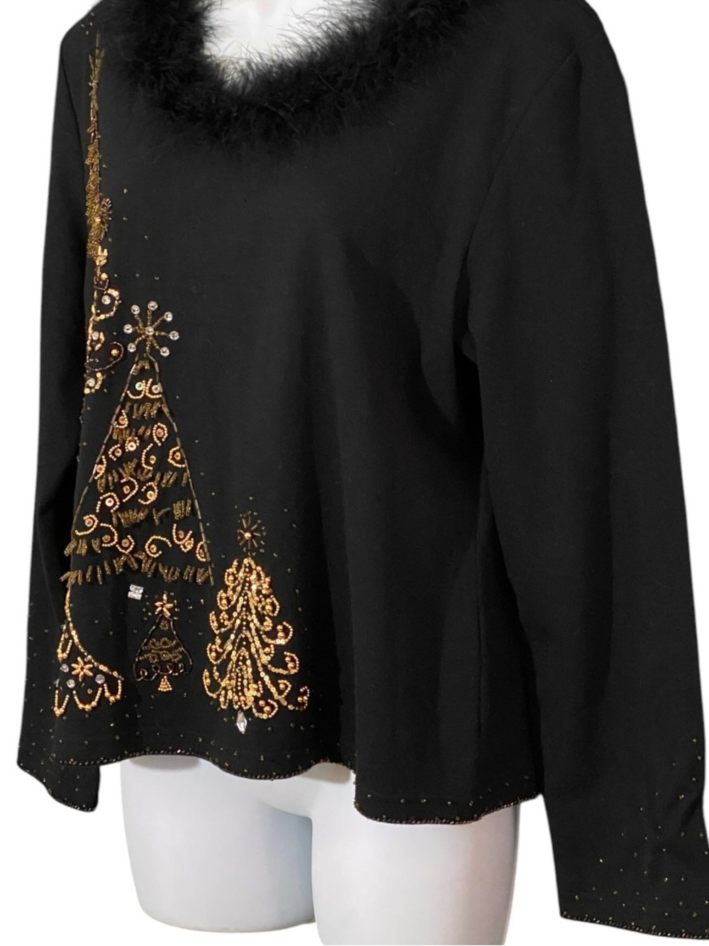Jack B Quick Black Christmas Top L Beaded Sequin Faux Fur Holiday Trees - Picture 7 of 8